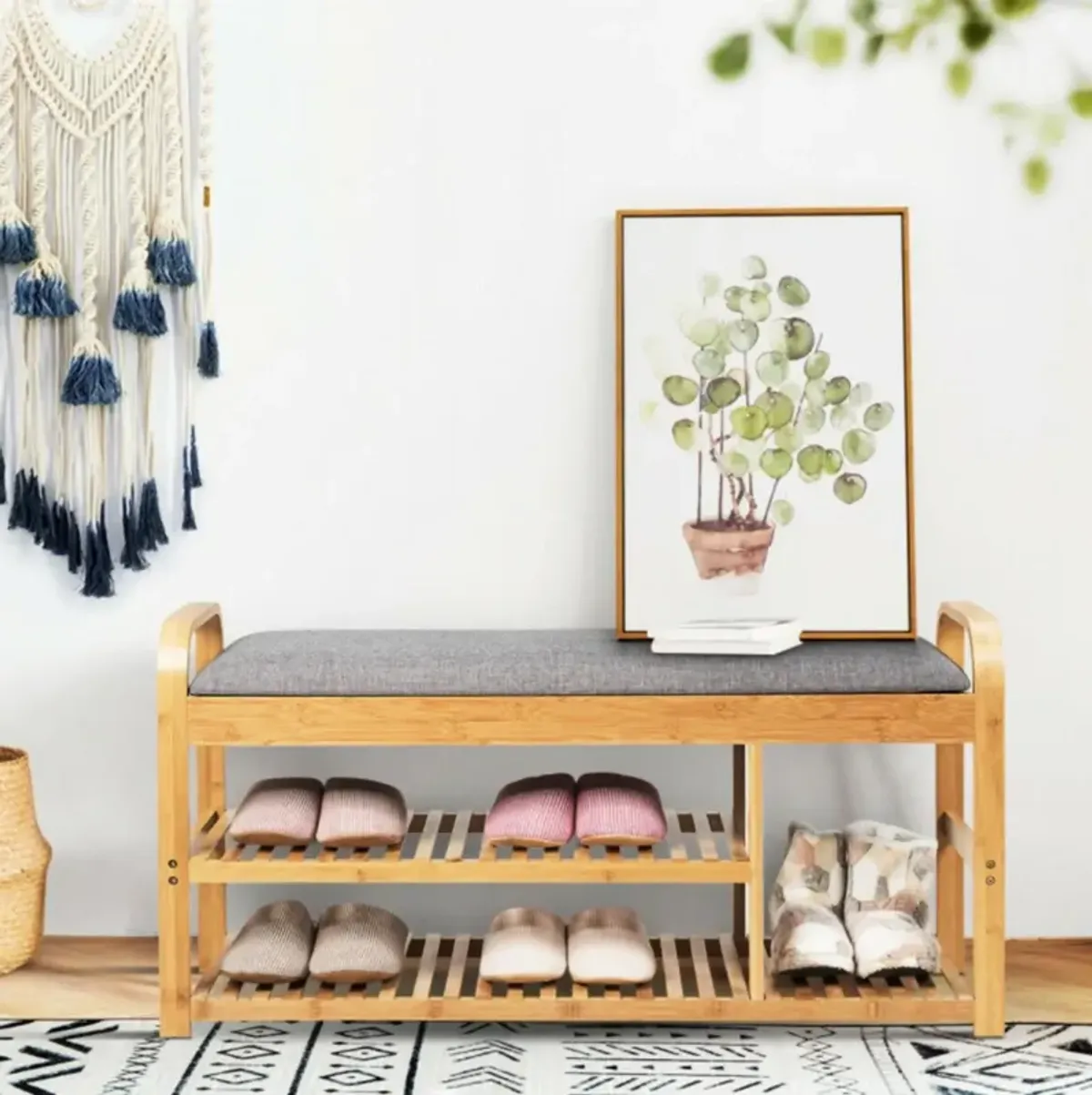 Hivvago 3-Tier Bamboo Shoe Rack Bench with Cushion-Natural