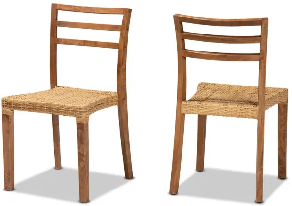 Baxton Studio Arthur Mid-Century Modern Walnut Brown Mahogany Wood and Natural Rattan 2-Piece Dining Chair Set