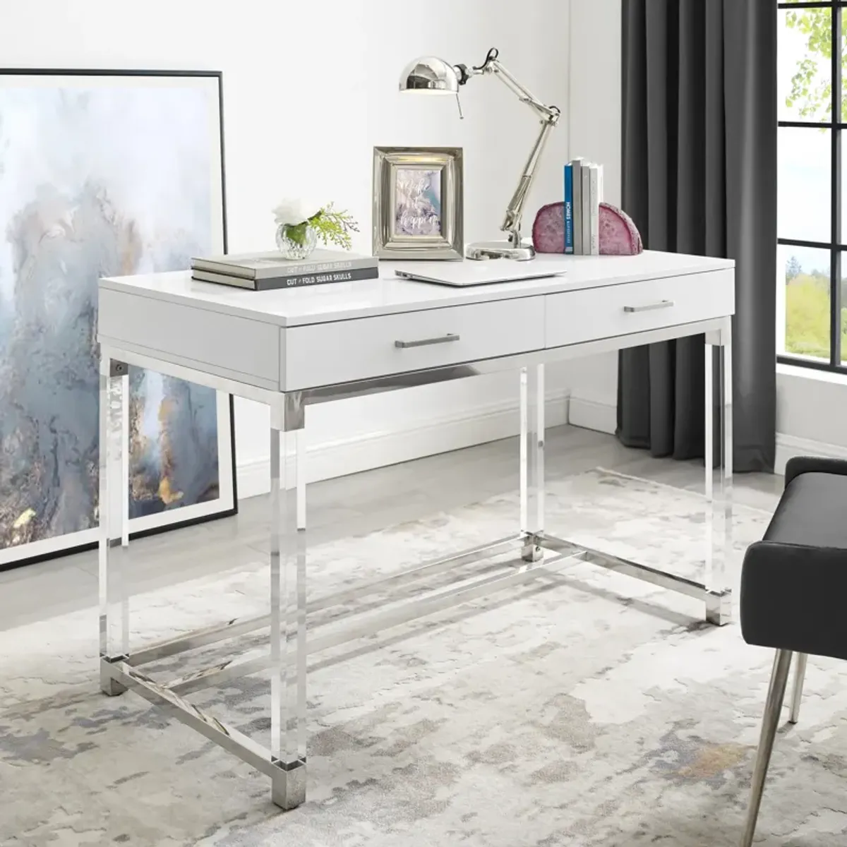 Inspired Home Kalel High Gloss 2 Drawers Writing Desk with Acrylic Legs and Stainless Steel Base