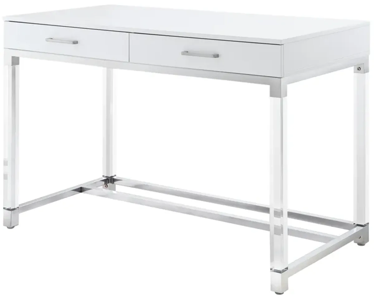 Inspired Home Kalel High Gloss 2 Drawers Writing Desk with Acrylic Legs and Stainless Steel Base