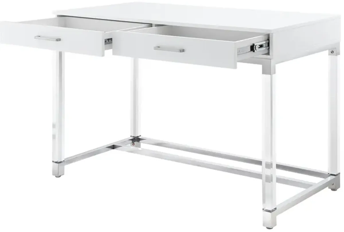 Inspired Home Kalel High Gloss 2 Drawers Writing Desk with Acrylic Legs and Stainless Steel Base