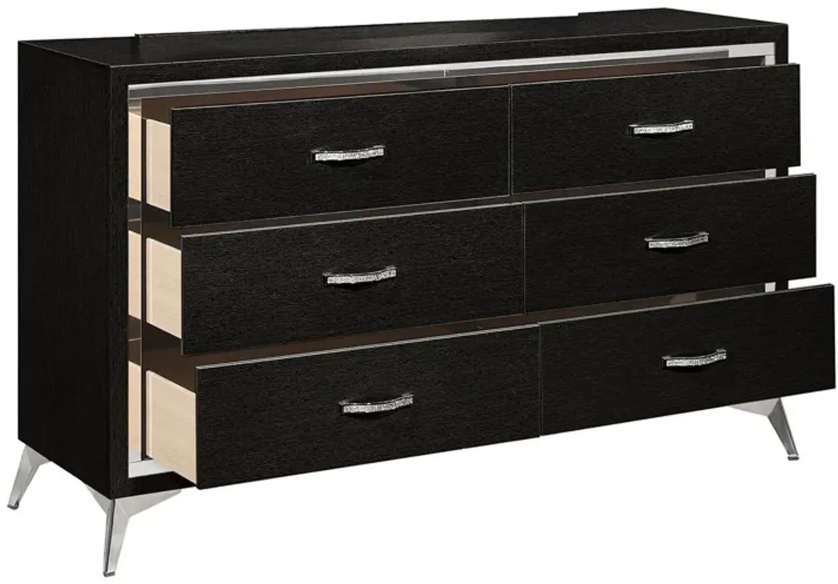 Benjara Sami 58 Inch Wide Dresser, 6 Drawers, Mirror Trim, Embossed Texture, Black, Chrome