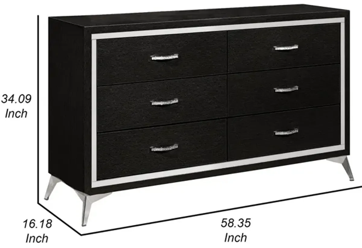 Benjara Sami 58 Inch Wide Dresser, 6 Drawers, Mirror Trim, Embossed Texture, Black, Chrome