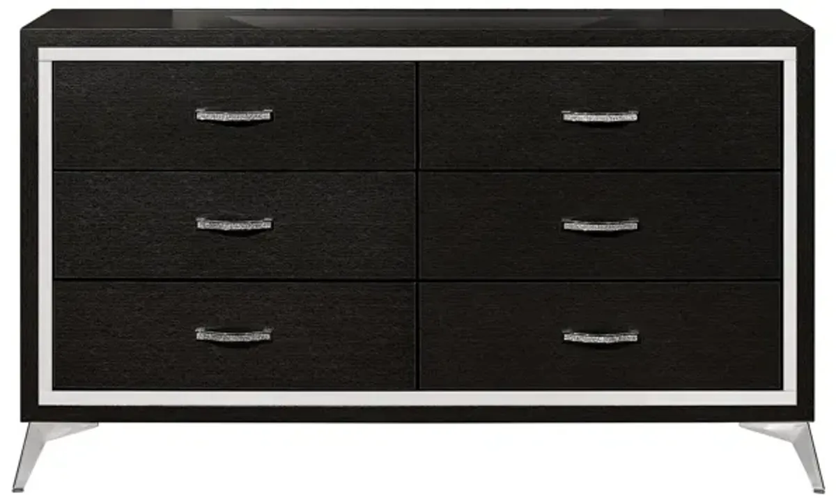 Benjara Sami 58 Inch Wide Dresser, 6 Drawers, Mirror Trim, Embossed Texture, Black, Chrome