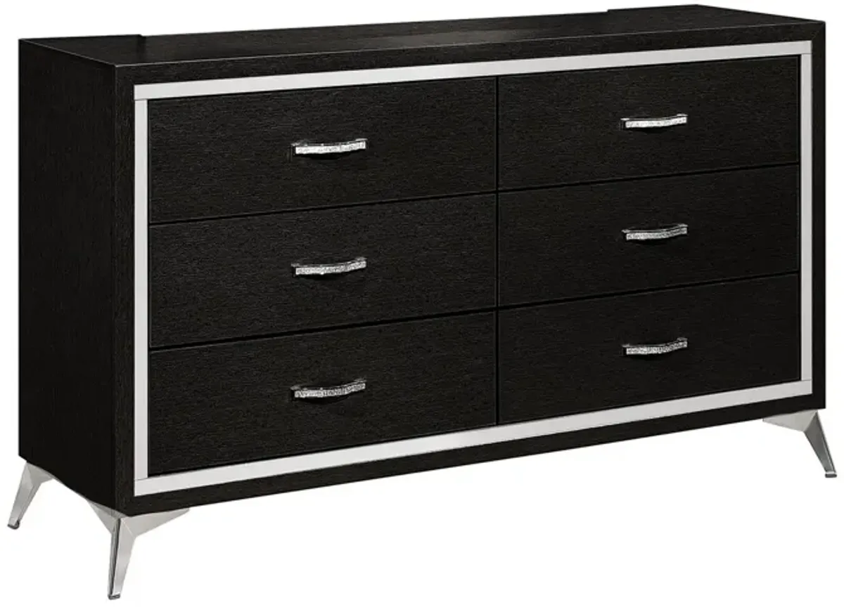 Benjara Sami 58 Inch Wide Dresser, 6 Drawers, Mirror Trim, Embossed Texture, Black, Chrome