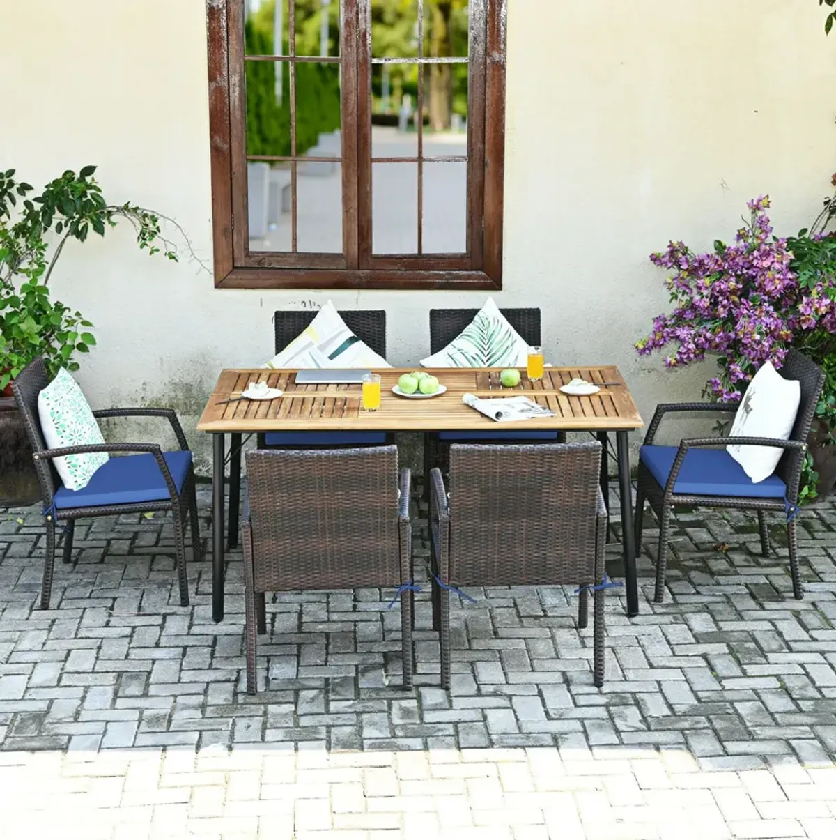 7Pcs Patio Rattan Cushioned Dining Set with Umbrella Hole