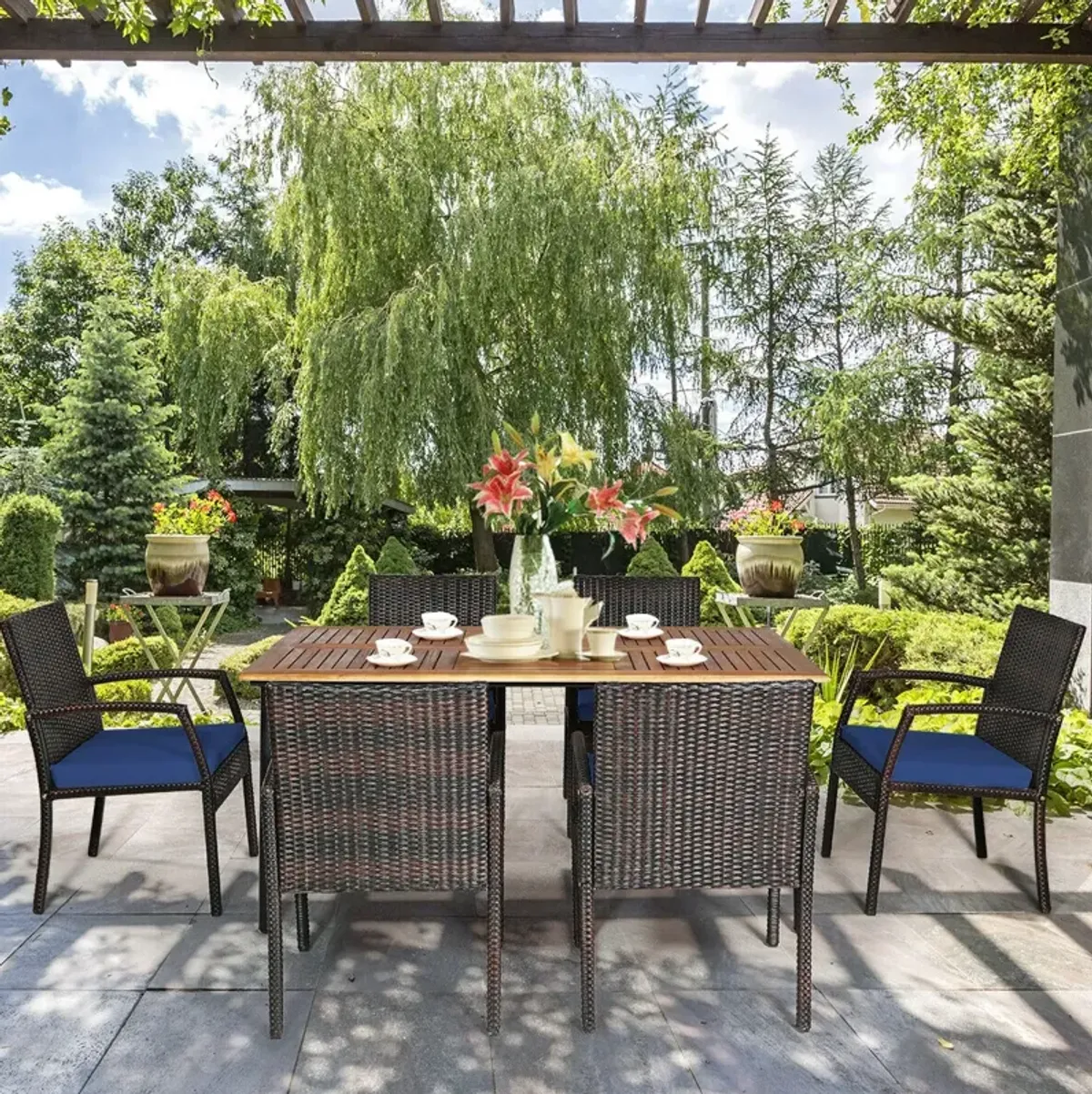 7Pcs Patio Rattan Cushioned Dining Set with Umbrella Hole