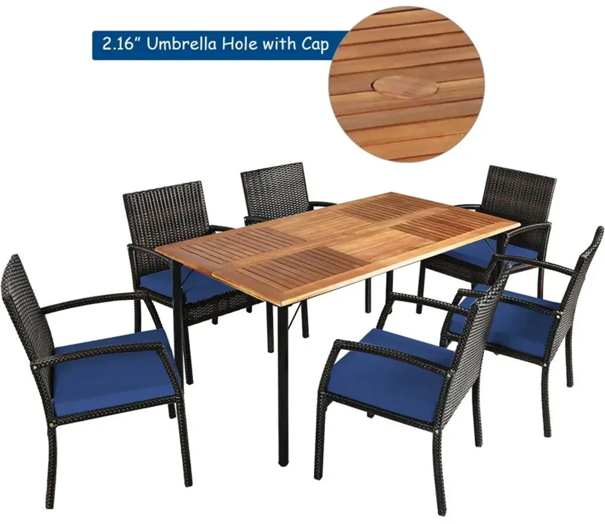 7Pcs Patio Rattan Cushioned Dining Set with Umbrella Hole