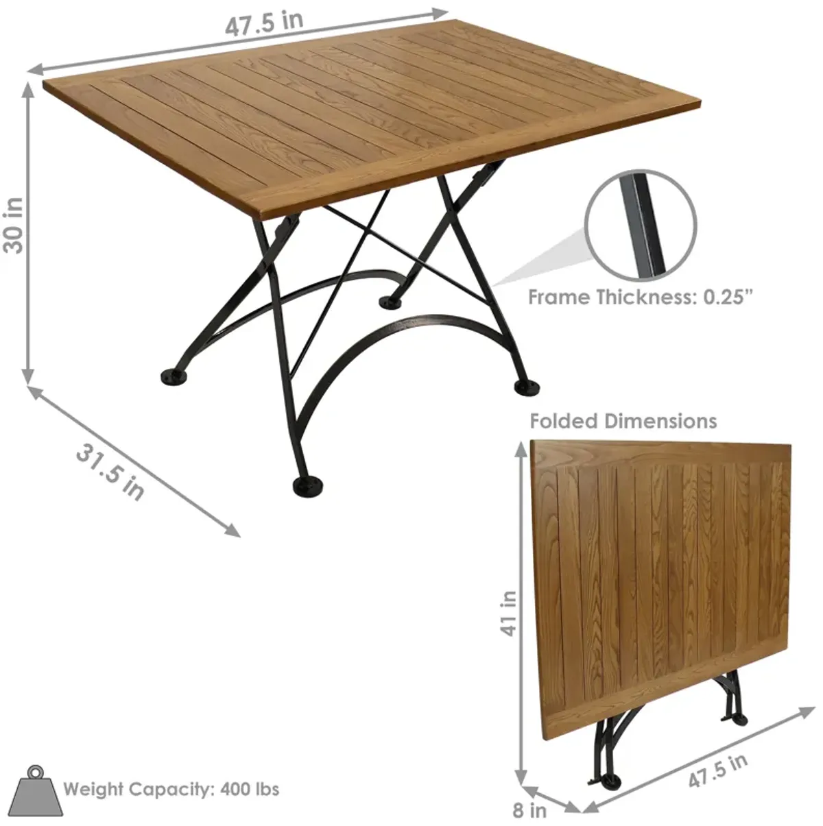 Sunnydaze 47.5 in European Chestnut Folding Rectangular Patio Dining Table