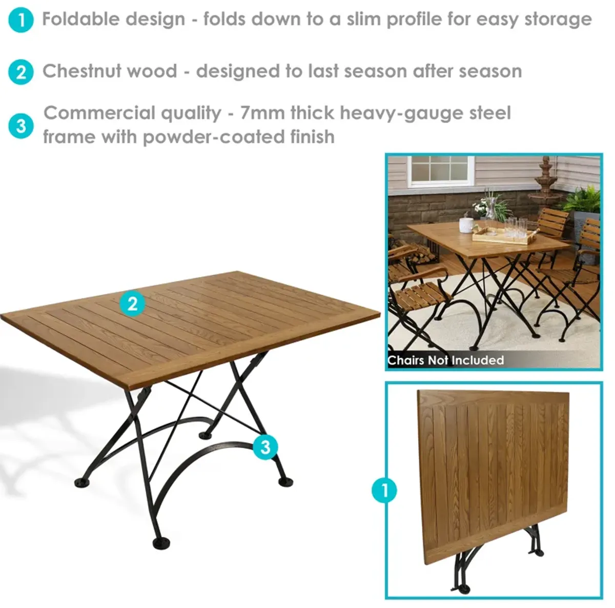 Sunnydaze 47.5 in European Chestnut Folding Rectangular Patio Dining Table