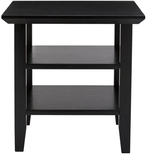 19 Inch Handcrafted Rubberwood Square Side End Table, 2 Shelves, Chamfered Legs, Black-Benzara