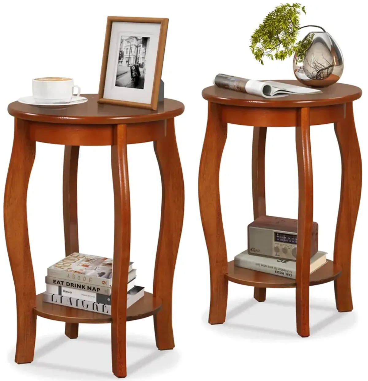 Set of 2 15 Inch 2-Tier Round End Table with Storage Shelf - Walnut