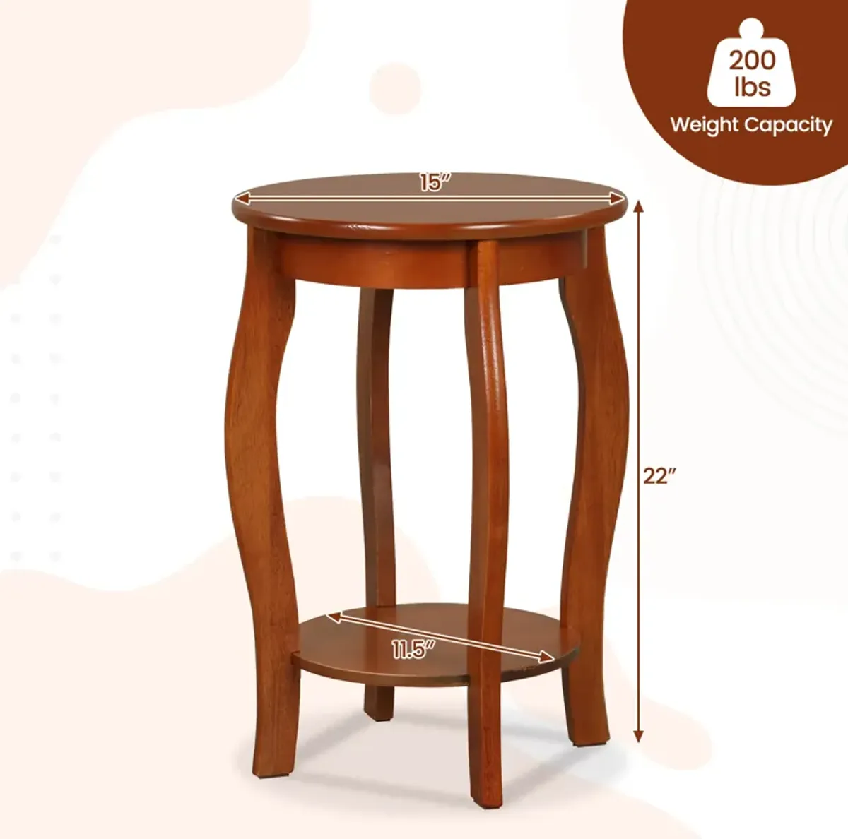 Set of 2 15 Inch 2-Tier Round End Table with Storage Shelf - Walnut