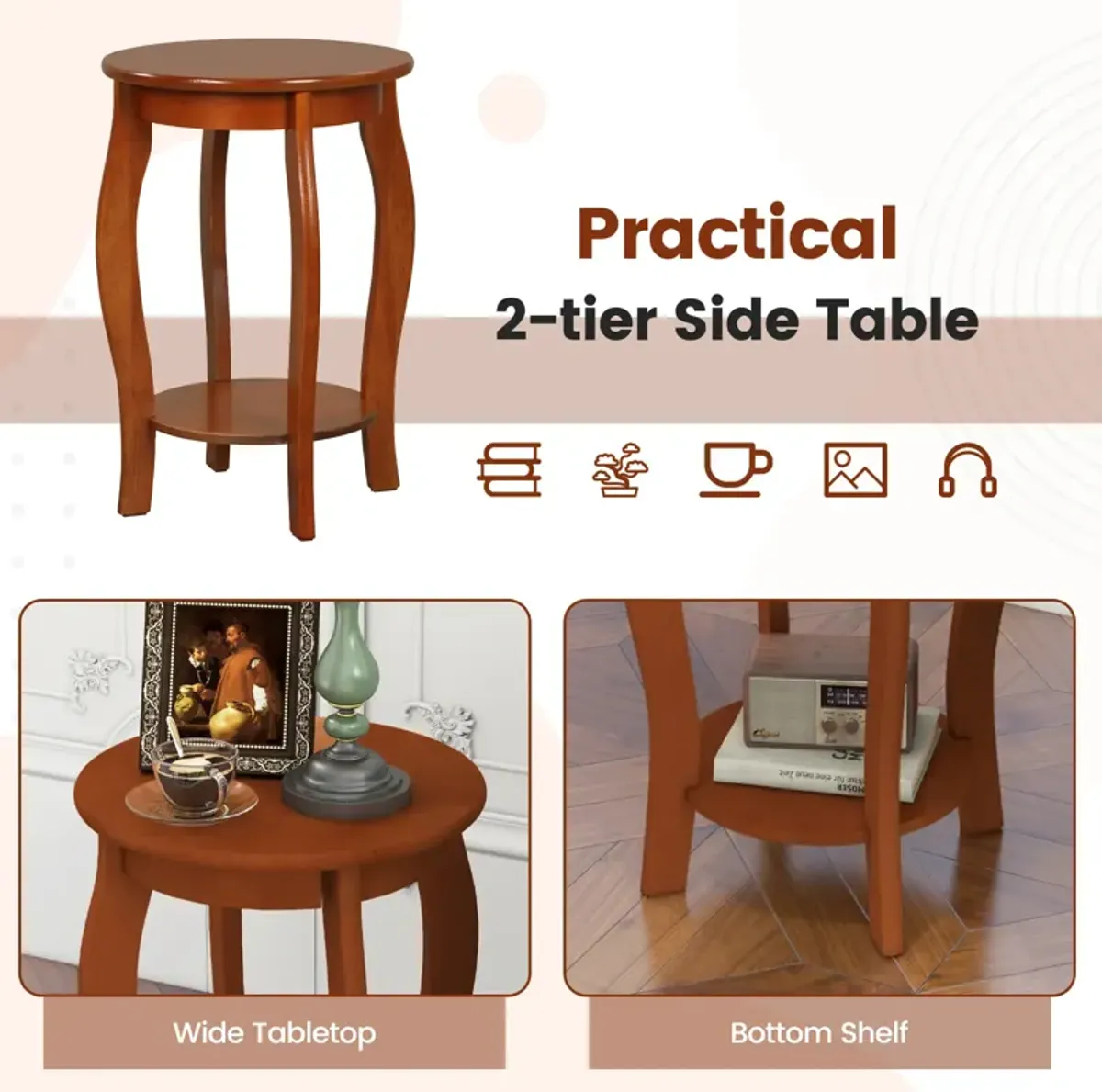 Set of 2 15 Inch 2-Tier Round End Table with Storage Shelf - Walnut