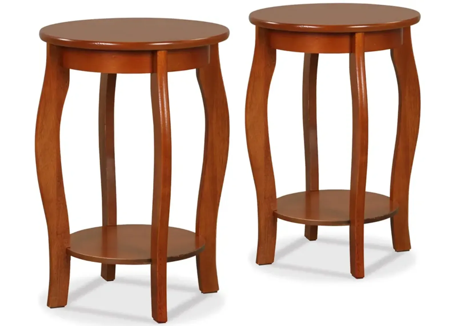 Set of 2 15 Inch 2-Tier Round End Table with Storage Shelf - Walnut