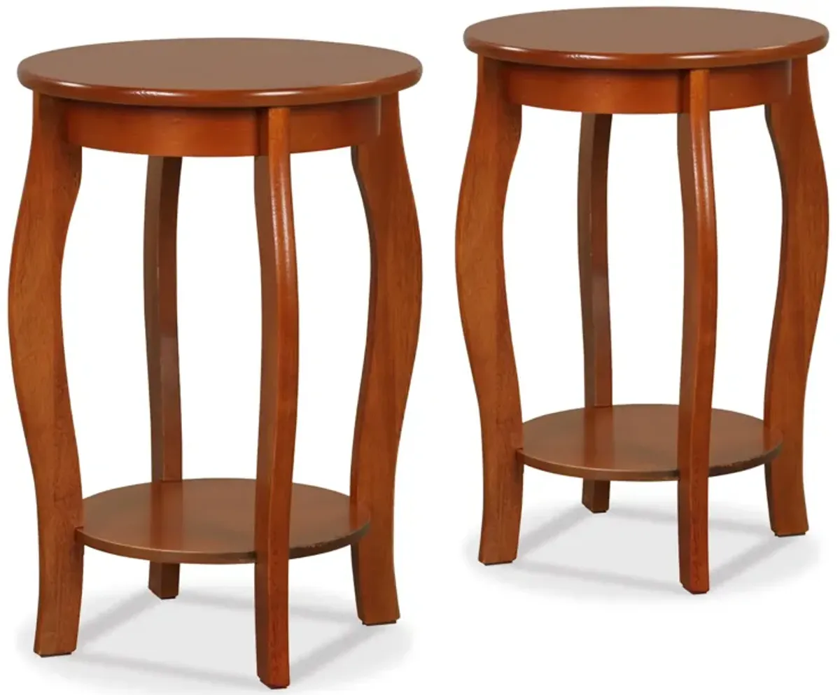 Set of 2 15 Inch 2-Tier Round End Table with Storage Shelf - Walnut