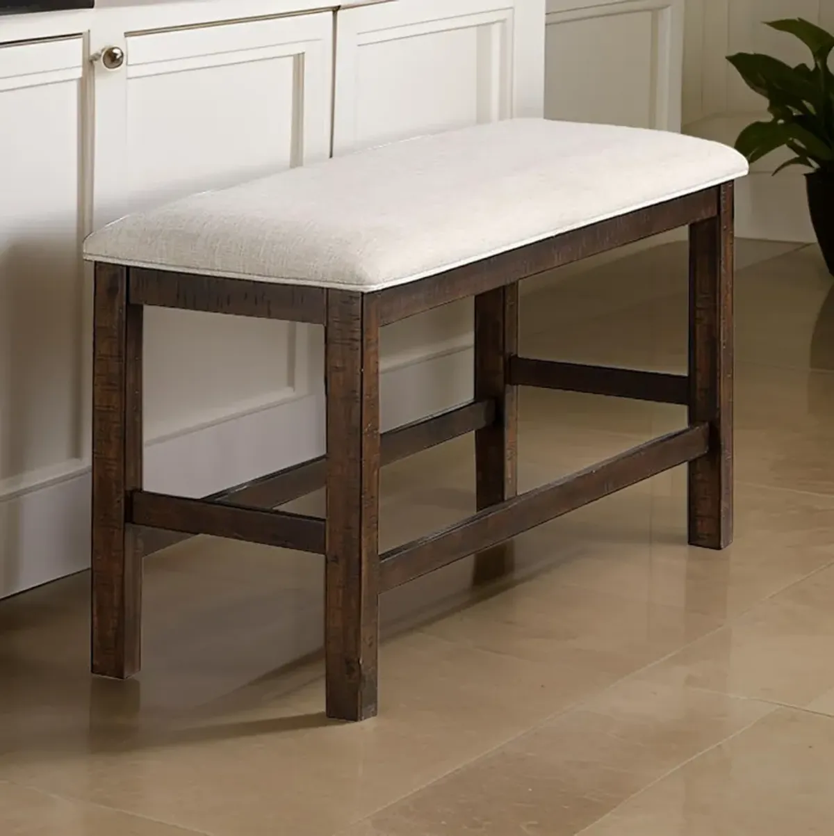 Shaw 47 Inch Counter Height Bench, Beige Padded Seat, Rustic Brown Base-Benzara