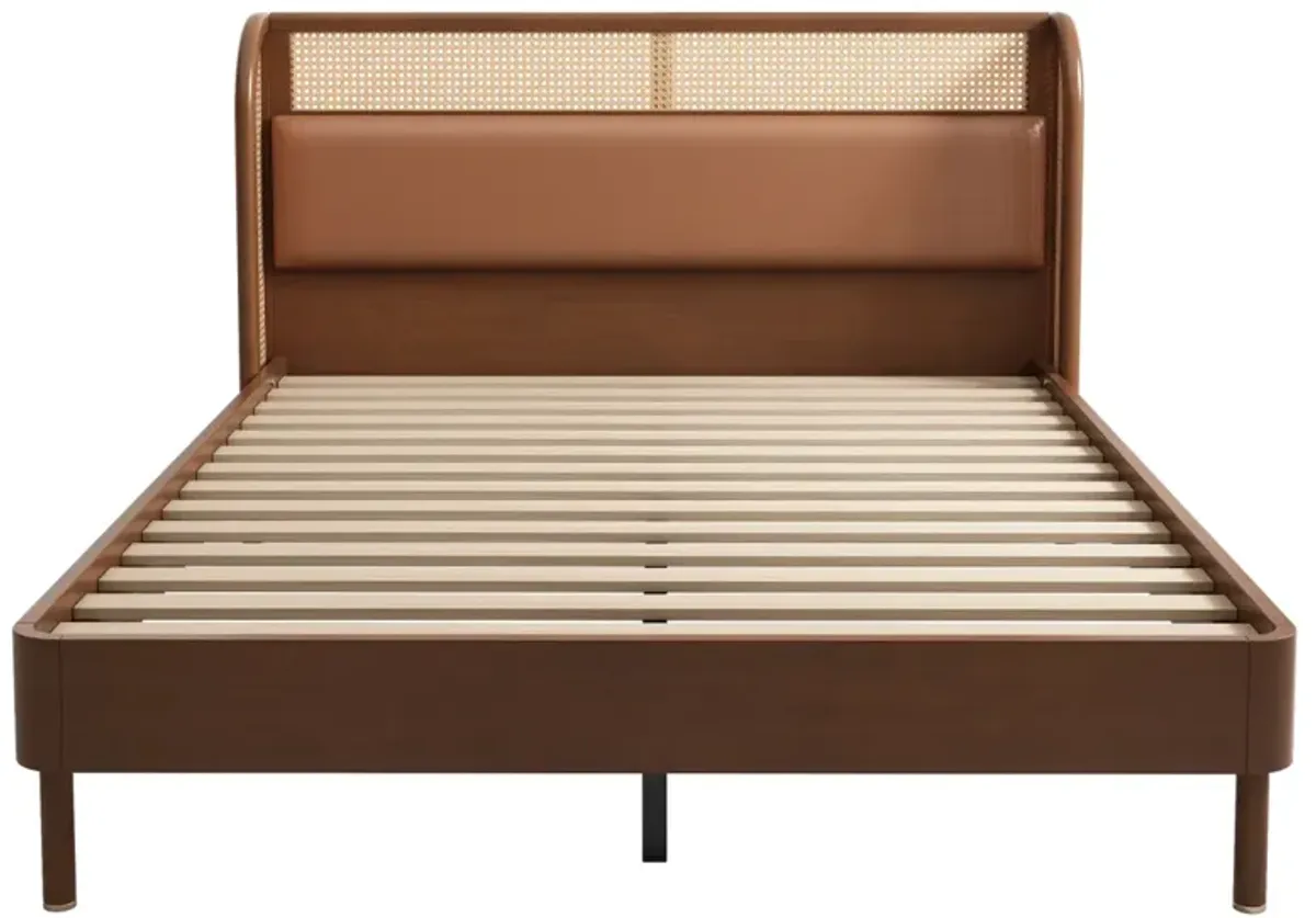 Modern Rattan Wood Platform Queen Bed, Walnut