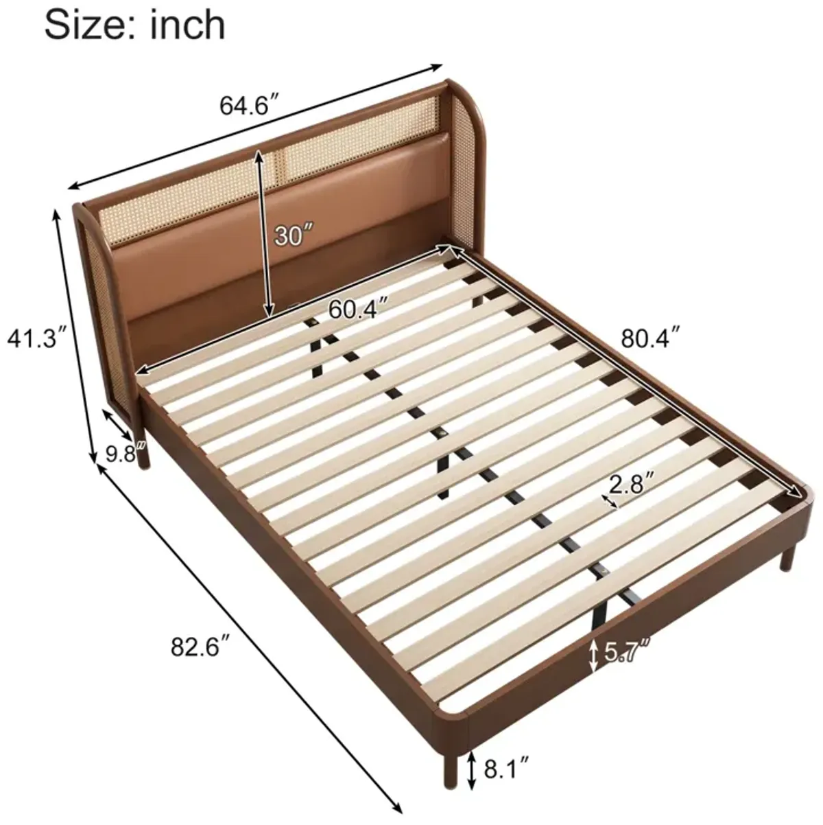 Modern Rattan Wood Platform Queen Bed, Walnut