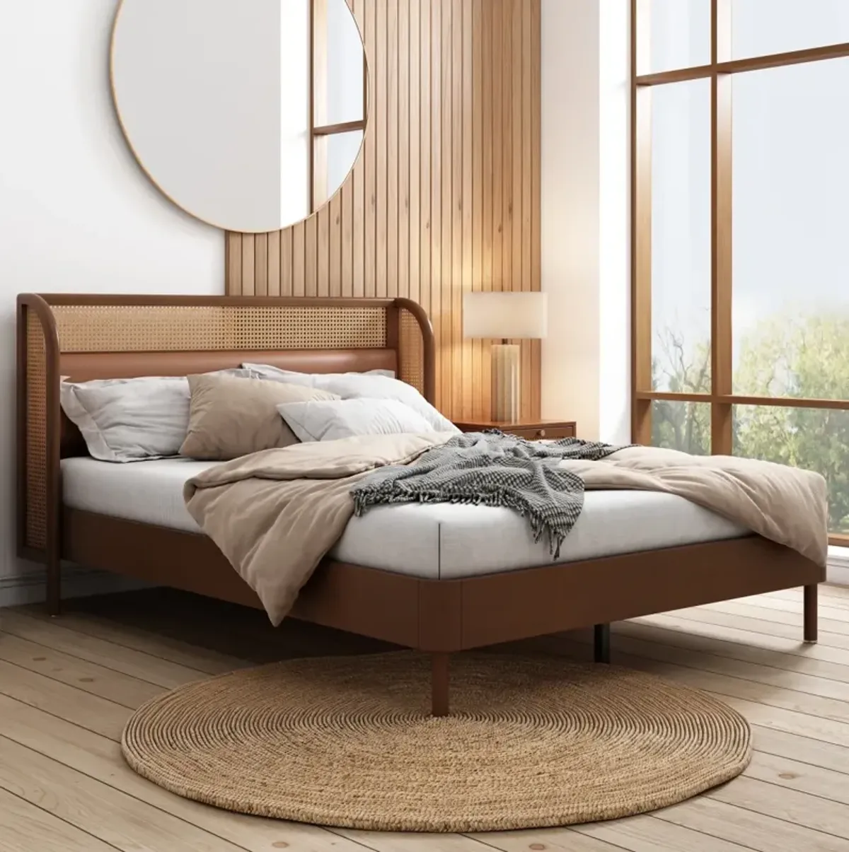 Modern Rattan Wood Platform Queen Bed, Walnut