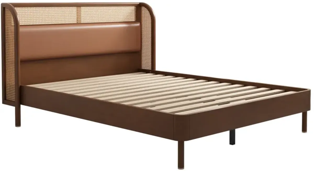 Modern Rattan Wood Platform Queen Bed, Walnut