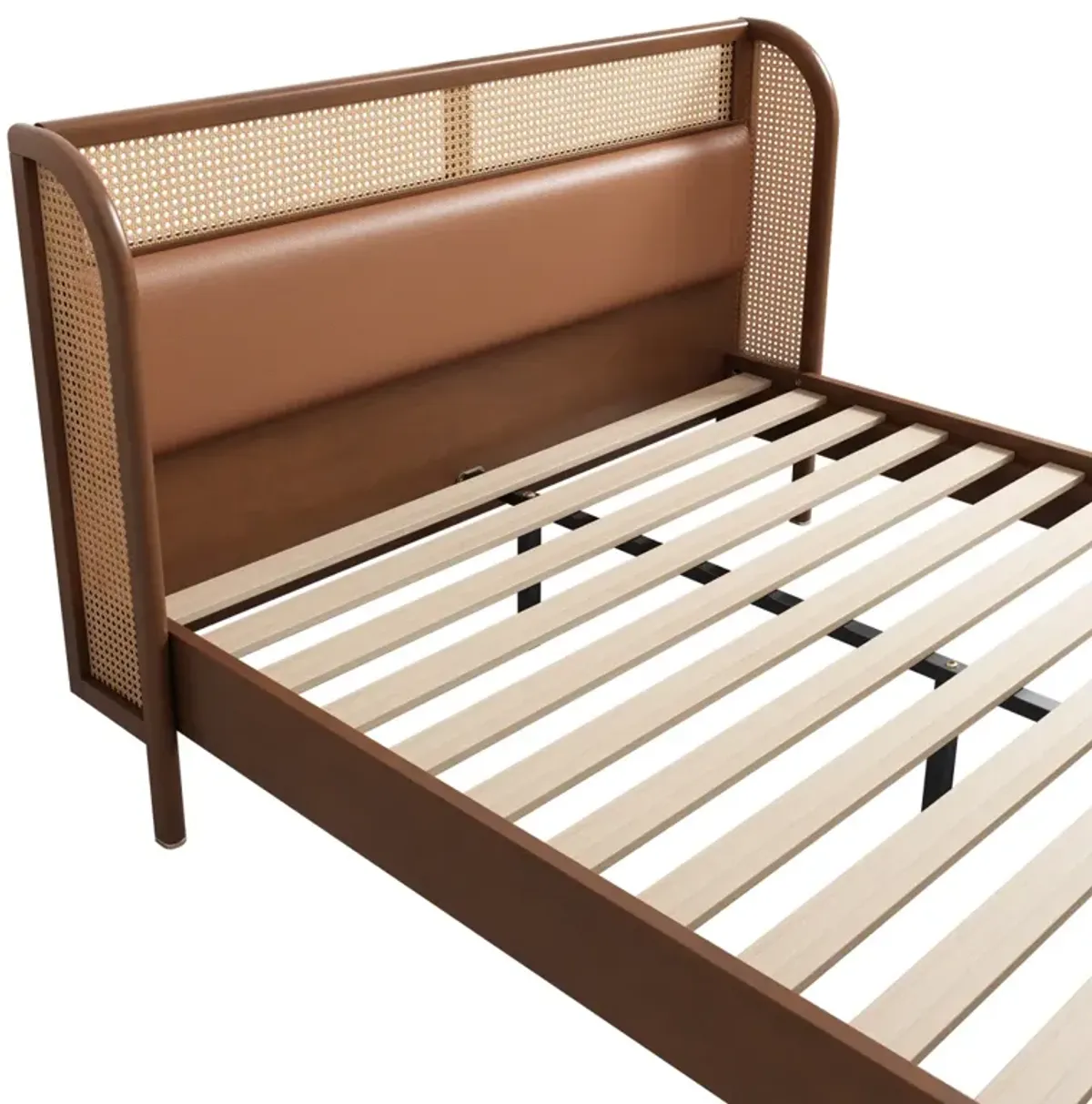 Modern Rattan Wood Platform Queen Bed, Walnut