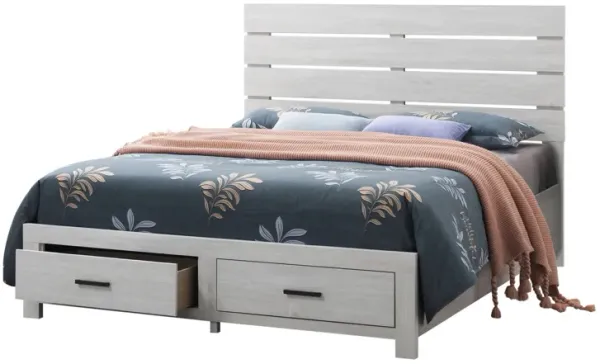 Ach Wood Queen Storage Bed with 2 Drawers, Plank Style Headboard, White - Benzara