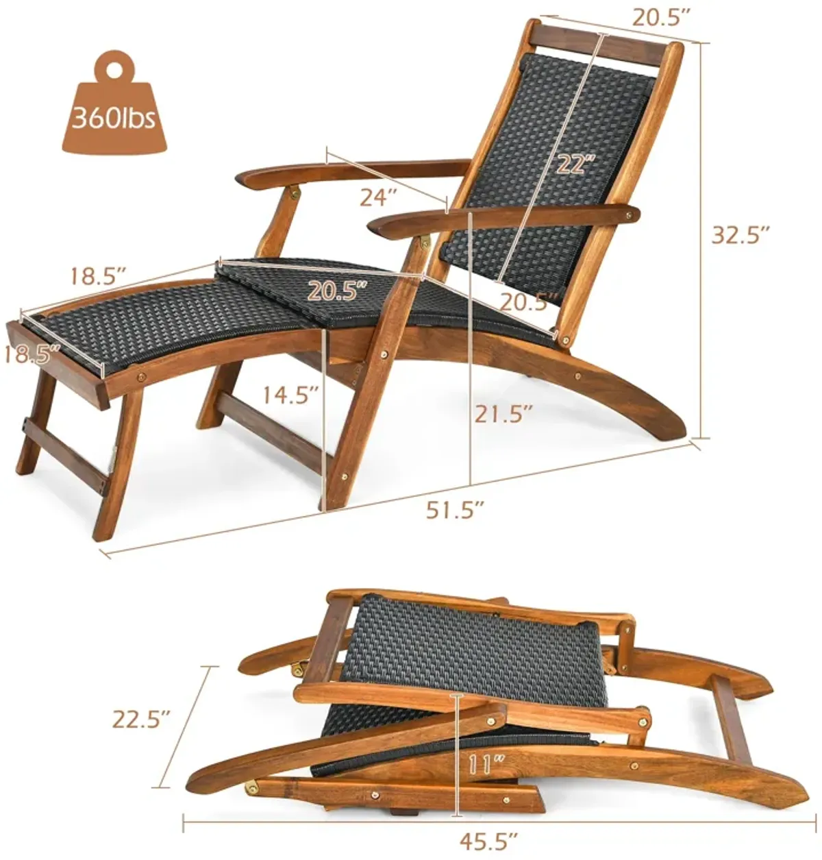 Patio Rattan Folding Lounge Chair with Acacia Wooden Frame Retractable Footrest