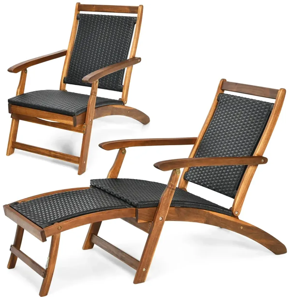 Patio Rattan Folding Lounge Chair with Acacia Wooden Frame Retractable Footrest