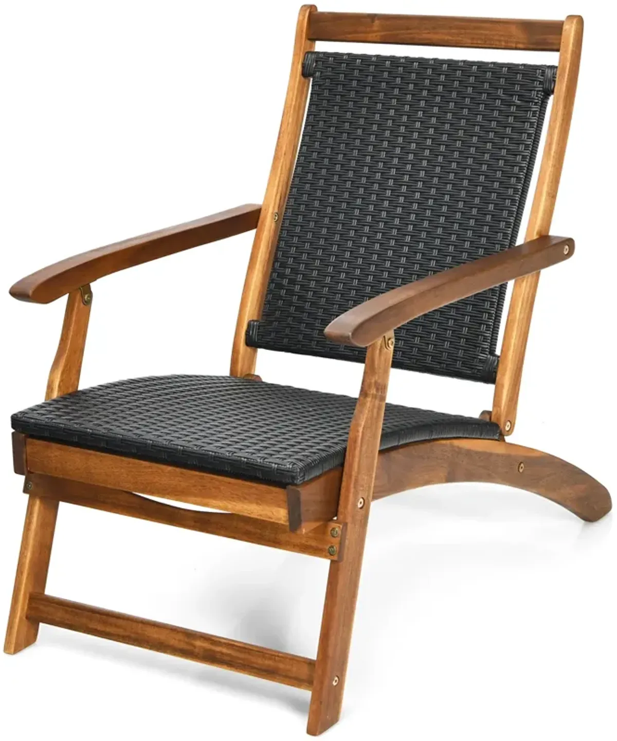 Patio Rattan Folding Lounge Chair with Acacia Wooden Frame Retractable Footrest