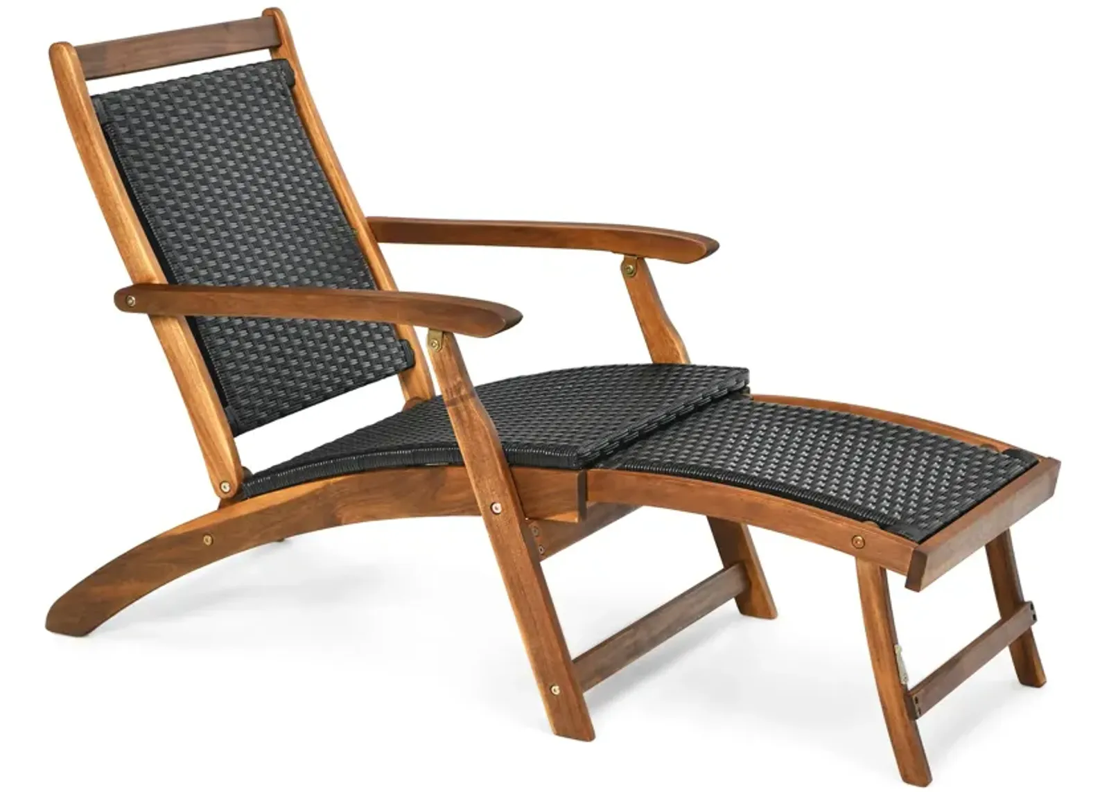 Patio Rattan Folding Lounge Chair with Acacia Wooden Frame Retractable Footrest