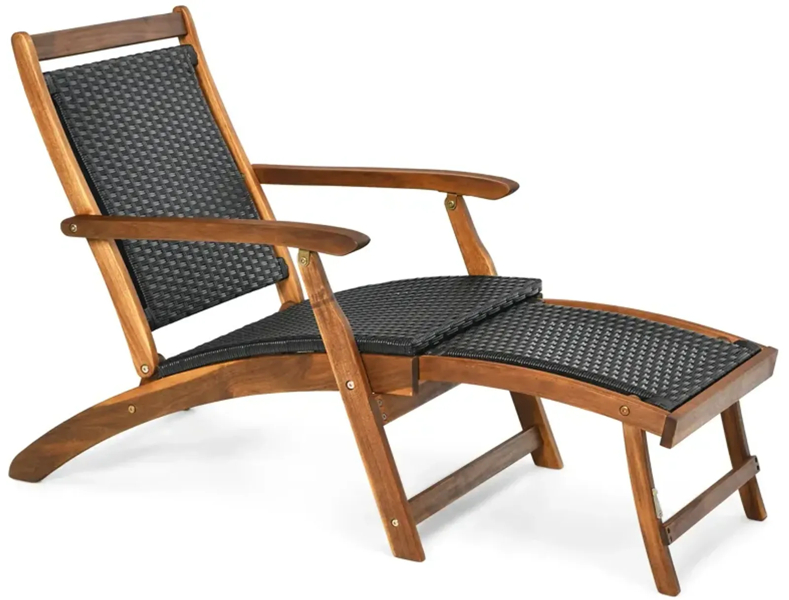 Patio Rattan Folding Lounge Chair with Acacia Wooden Frame Retractable Footrest