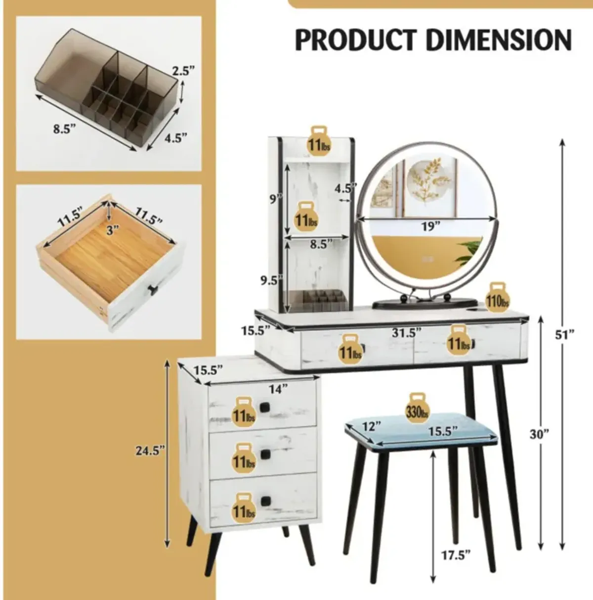 Hivvago Vanity Table Set with 3-Color Lighted Mirror and Cushioned Stool