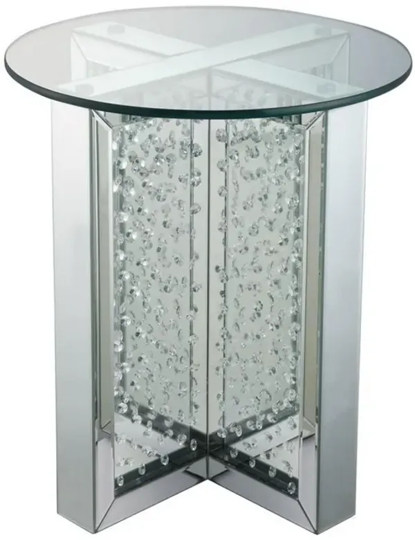 Round Mirrored Metal End Table with Glass Top and Crystal Accent Base, Silver-Benzara