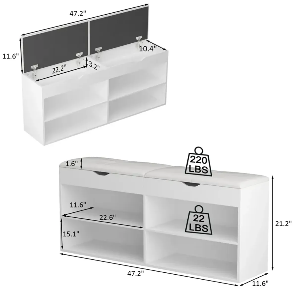 21.2 in. H x 47.2 in. W, White Wooden Shoe Storage Cabinet with Seating Cushion Open Shelf and Hiden Place (for 8 Pairs)