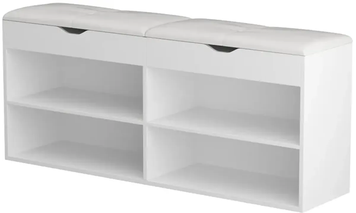 21.2 in. H x 47.2 in. W, White Wooden Shoe Storage Cabinet with Seating Cushion Open Shelf and Hiden Place (for 8 Pairs)