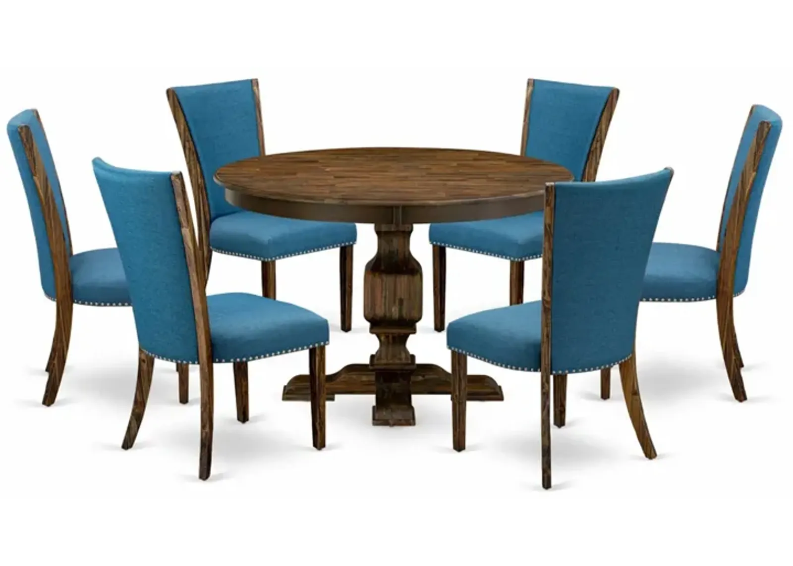 East West Furniture F3VE7-721 7Pc Dining Room Set - Round Table and 6 Parson Chairs - Distressed Jacobean Color