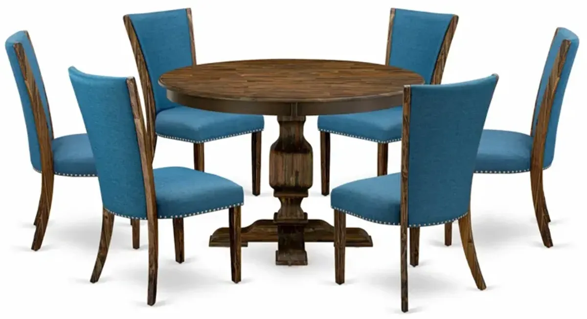 East West Furniture F3VE7-721 7Pc Dining Room Set - Round Table and 6 Parson Chairs - Distressed Jacobean Color