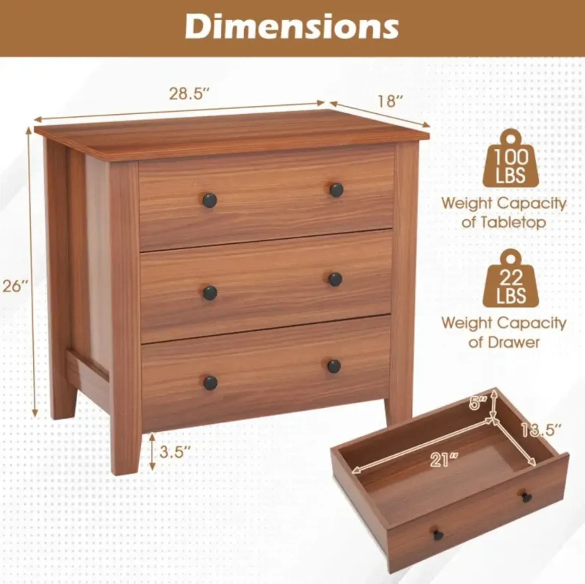 Hivvago 3 Drawer Dresser Chest Of Drawers Bedside Table Mathis Home ...