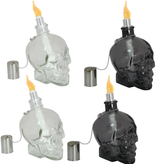 Sunnydaze Set of 4 Glass/Metal Grinning Skull Tabletop Torch - Black/Clear