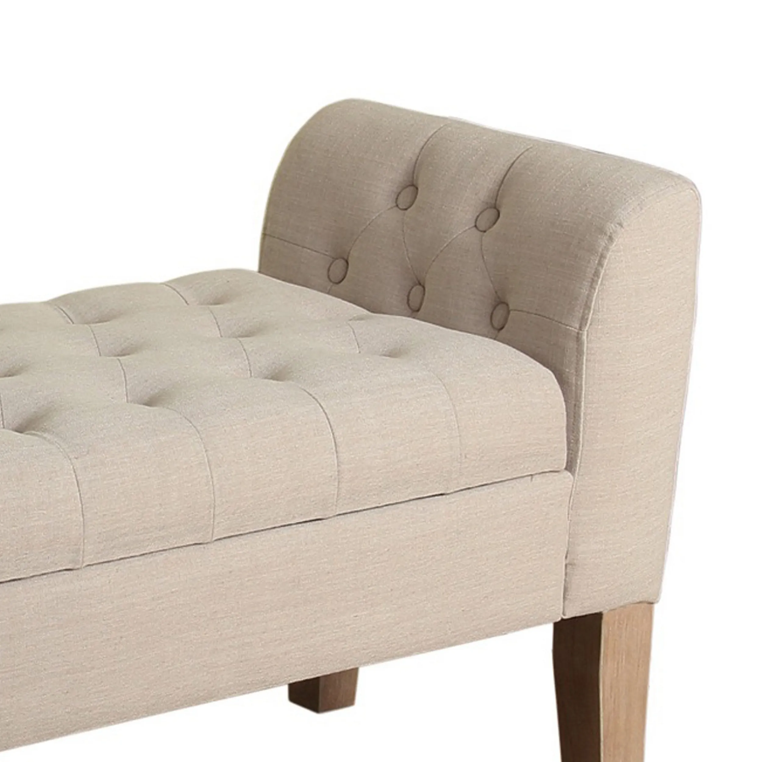 Fabric Upholstered Wooden Bench with Button Tufted Lift Top Storage, Beige - Benzara