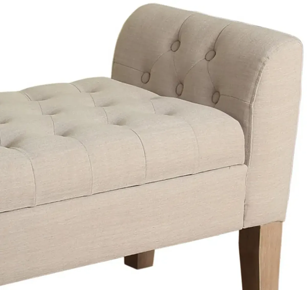 Fabric Upholstered Wooden Bench with Button Tufted Lift Top Storage, Beige - Benzara