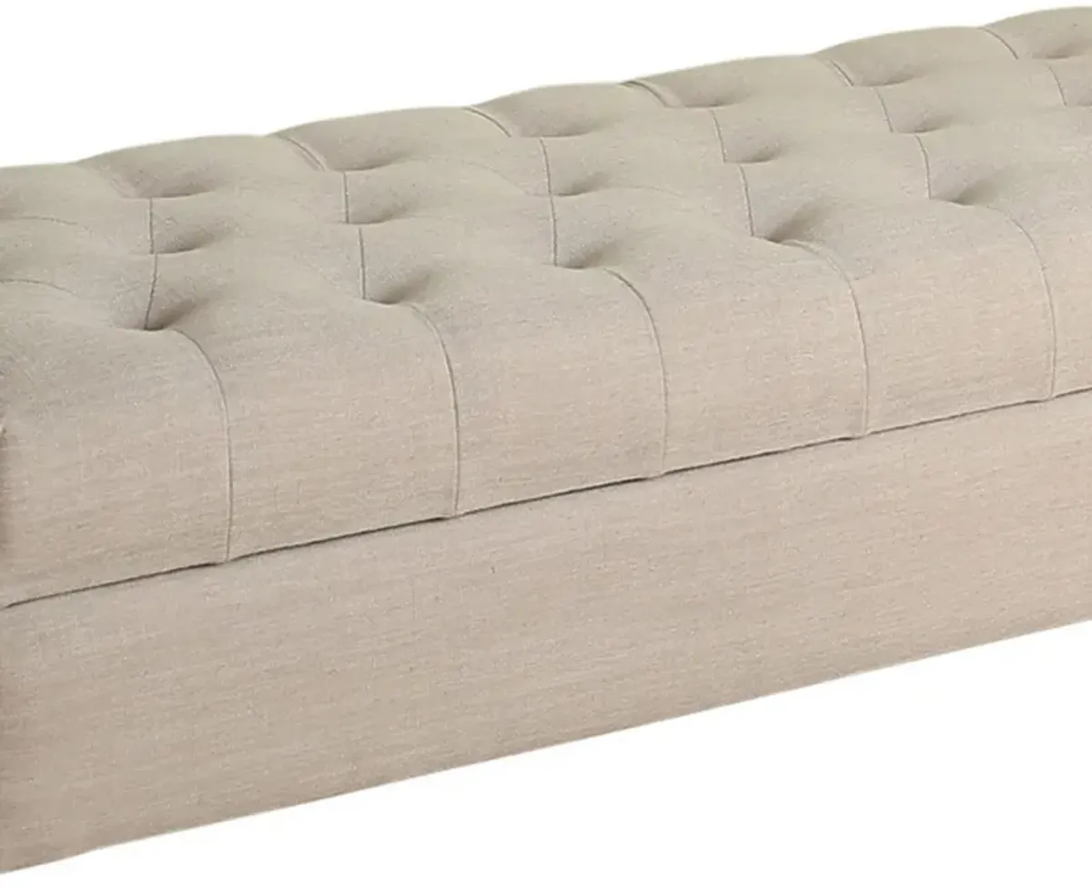 Fabric Upholstered Wooden Bench with Button Tufted Lift Top Storage, Beige - Benzara