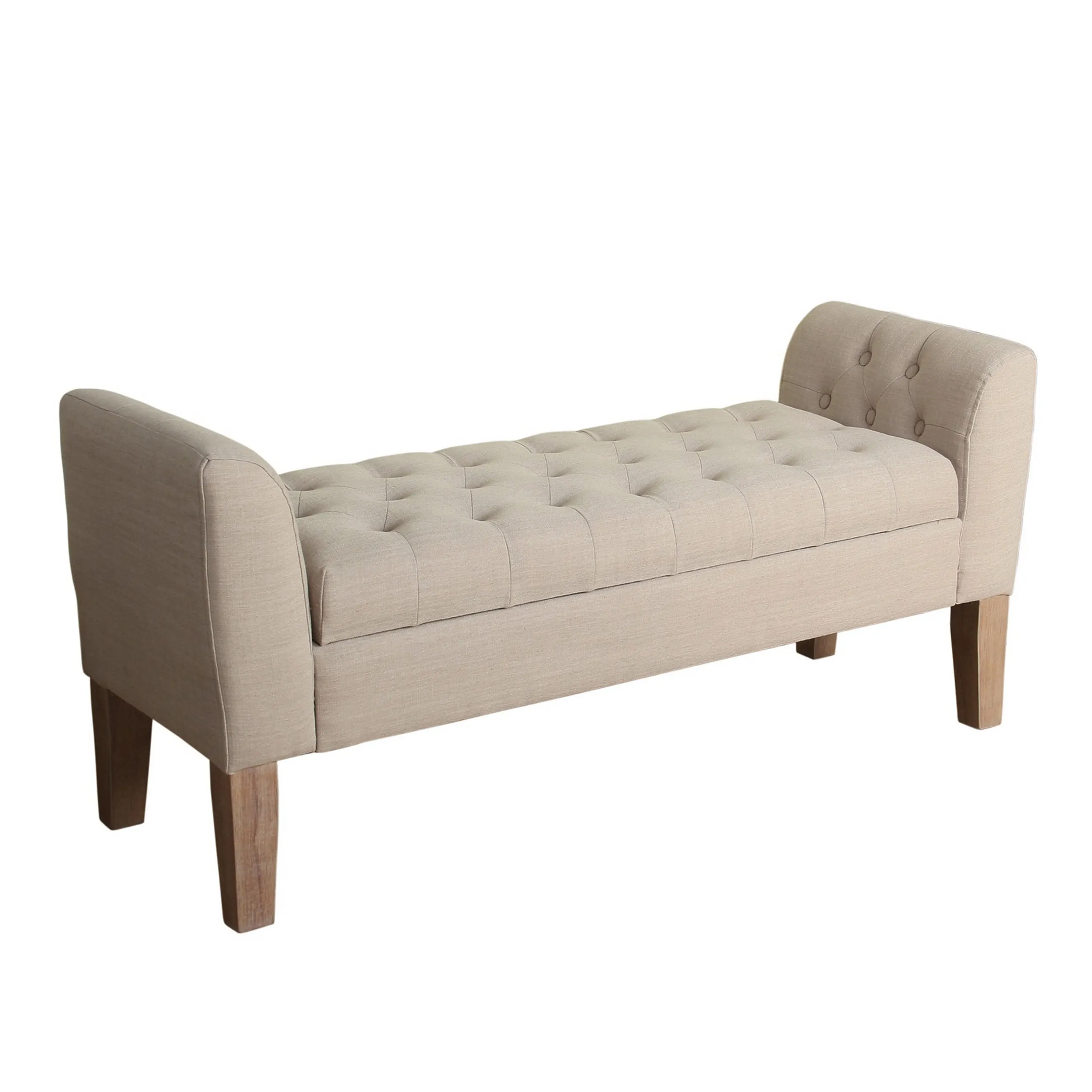 Fabric Upholstered Wooden Bench with Button Tufted Lift Top Storage, Beige - Benzara