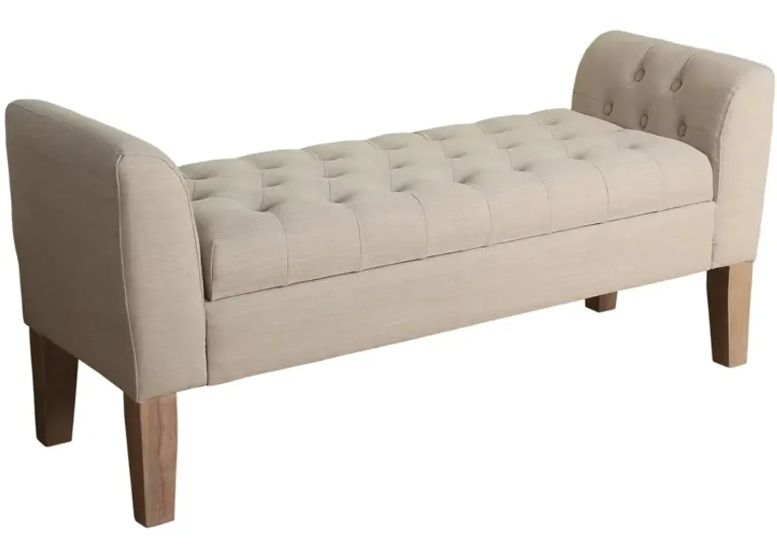 Fabric Upholstered Wooden Bench with Button Tufted Lift Top Storage, Beige - Benzara