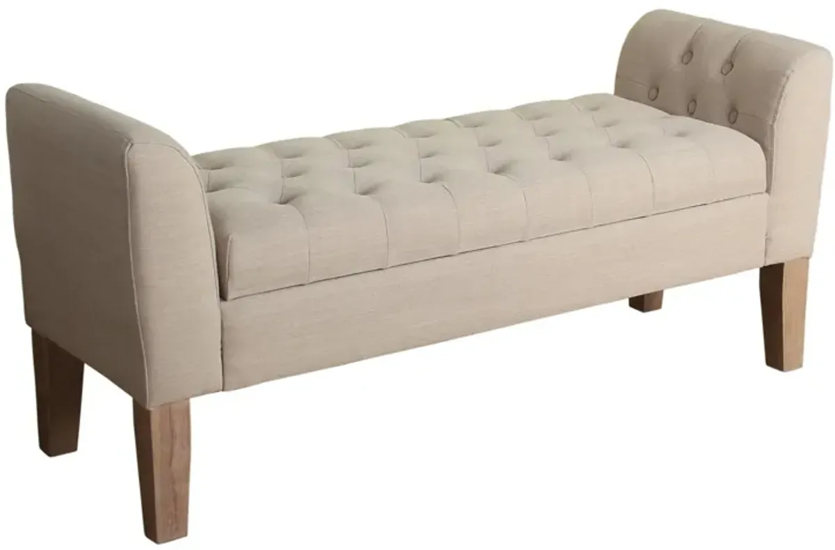 Fabric Upholstered Wooden Bench with Button Tufted Lift Top Storage, Beige - Benzara