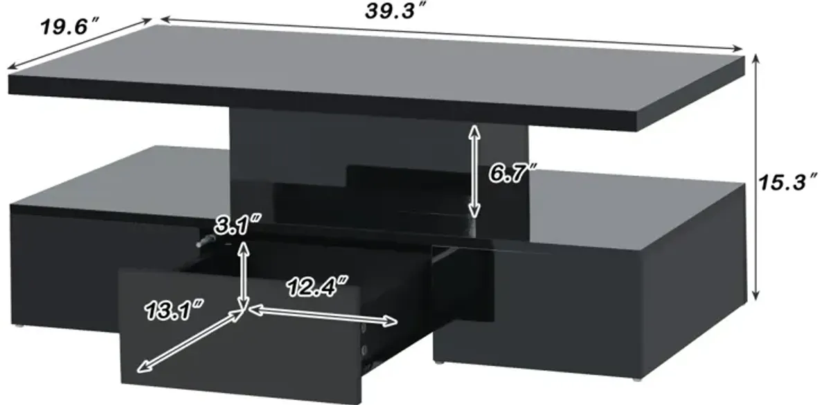 Modern Glossy Coffee Table with Drawer, 2-Tier Rectangle Center Table