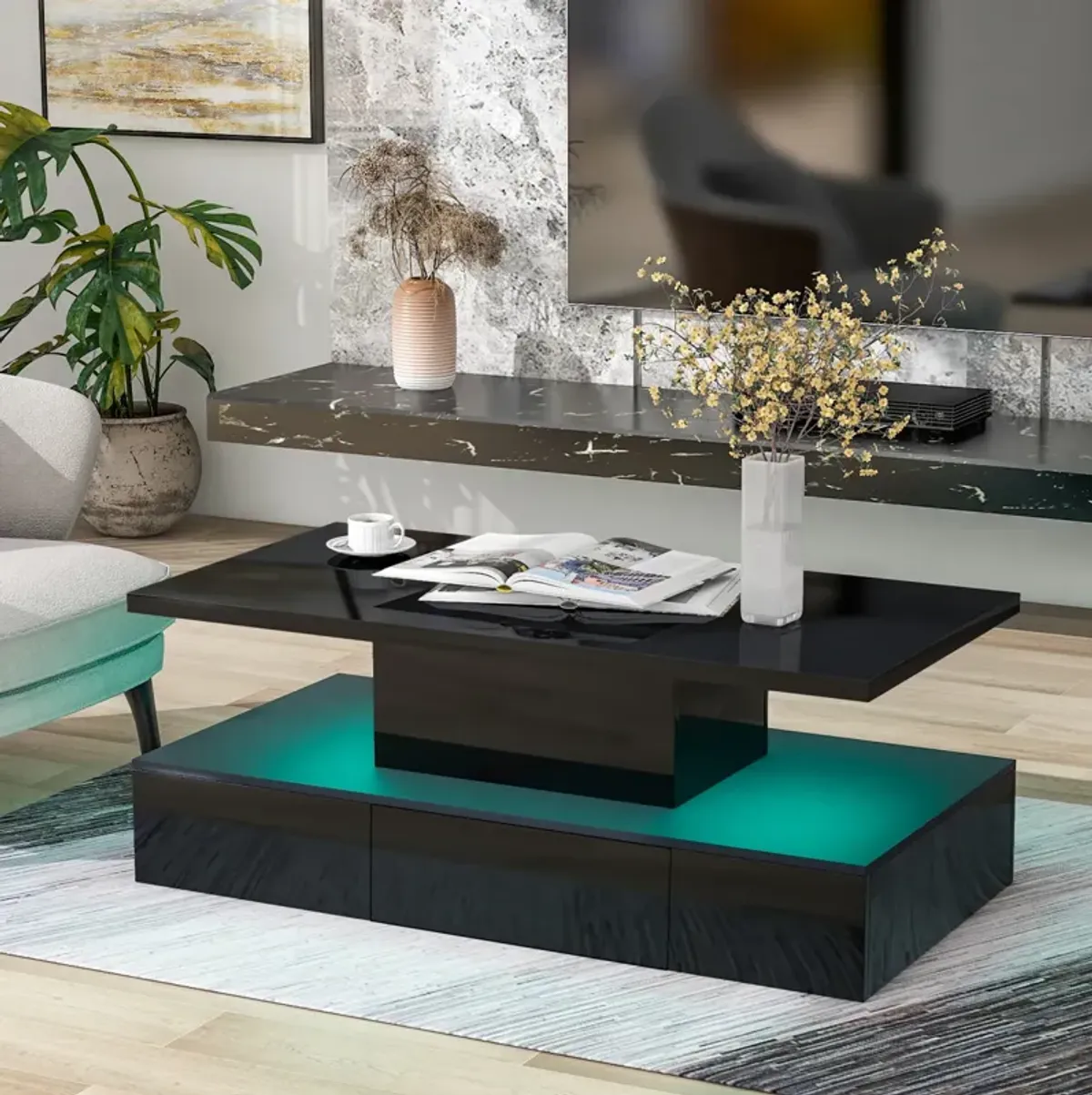 Modern Glossy Coffee Table with Drawer, 2-Tier Rectangle Center Table