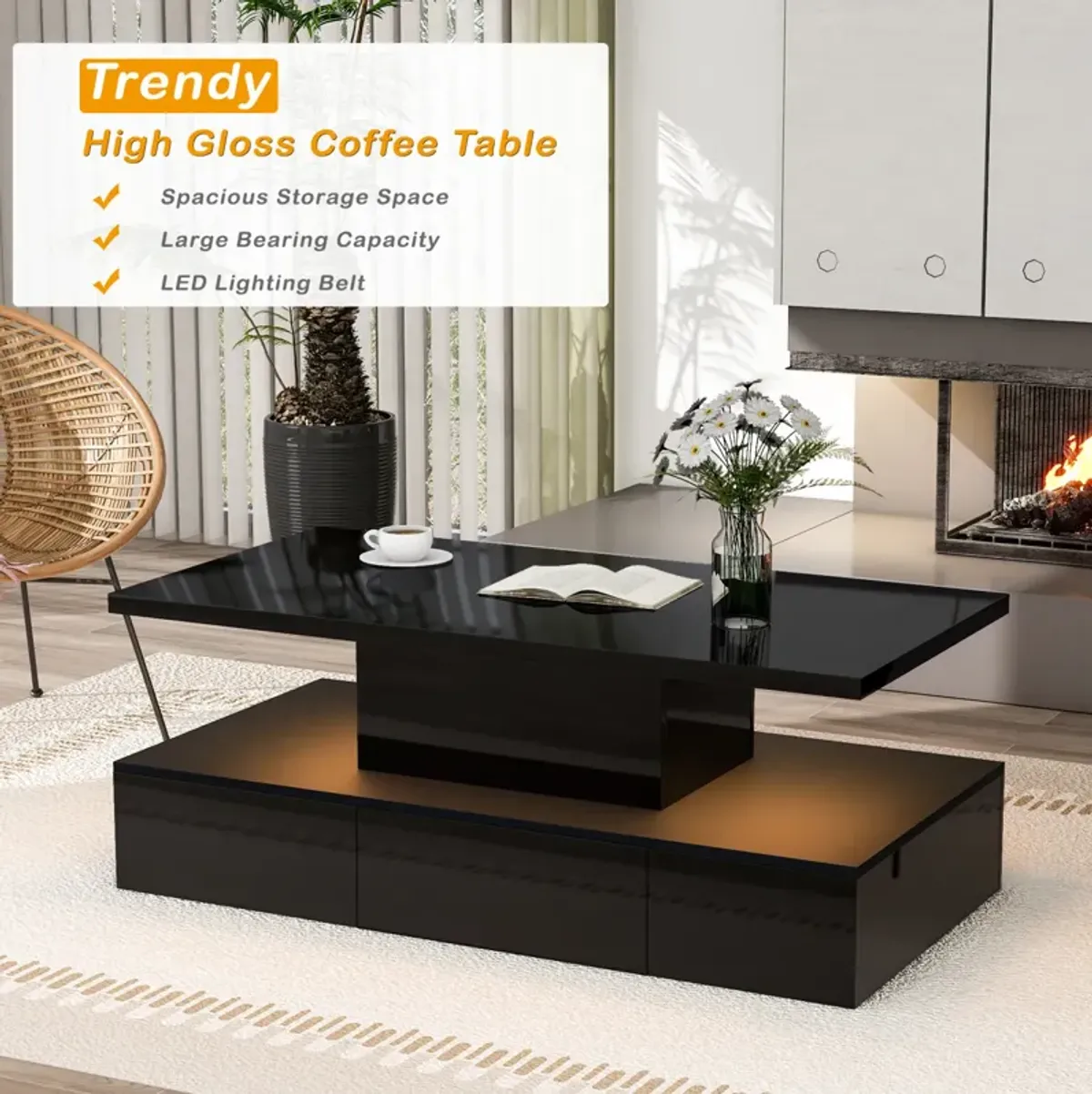 Modern Glossy Coffee Table with Drawer, 2-Tier Rectangle Center Table