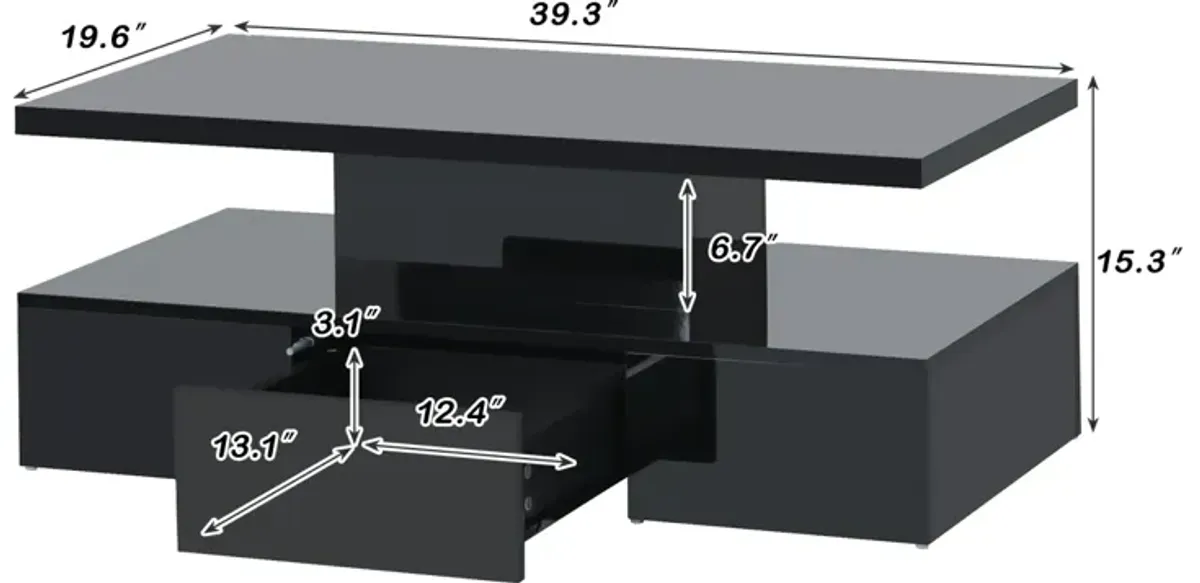 Modern Glossy Coffee Table with Drawer, 2-Tier Rectangle Center Table